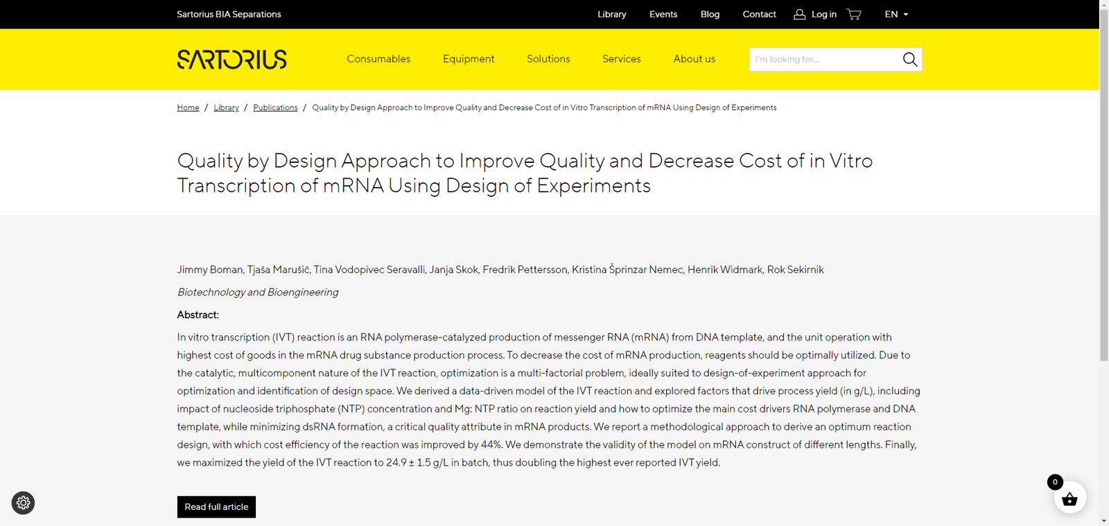 Sartorius improve quality and decrease cost of IVT mRNA